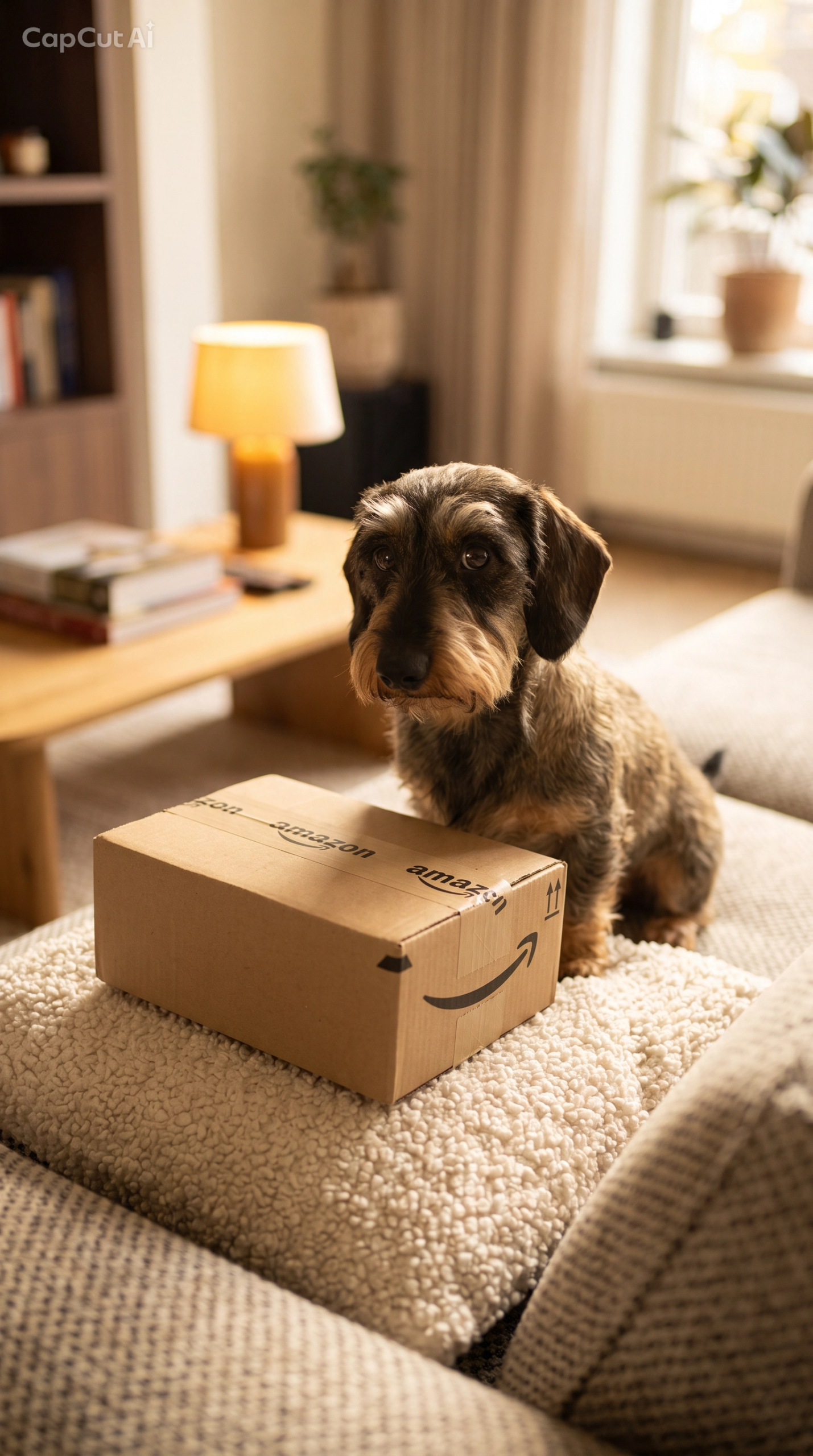 Un chien attend impatiemment l'ouverture d'un colis Amazon contenant un carnet Les Collections Matias